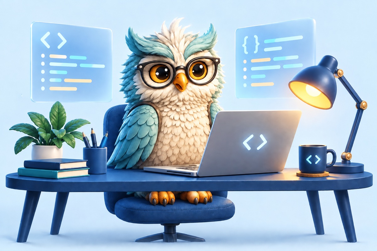 The Top Marks owl at a coding workstation