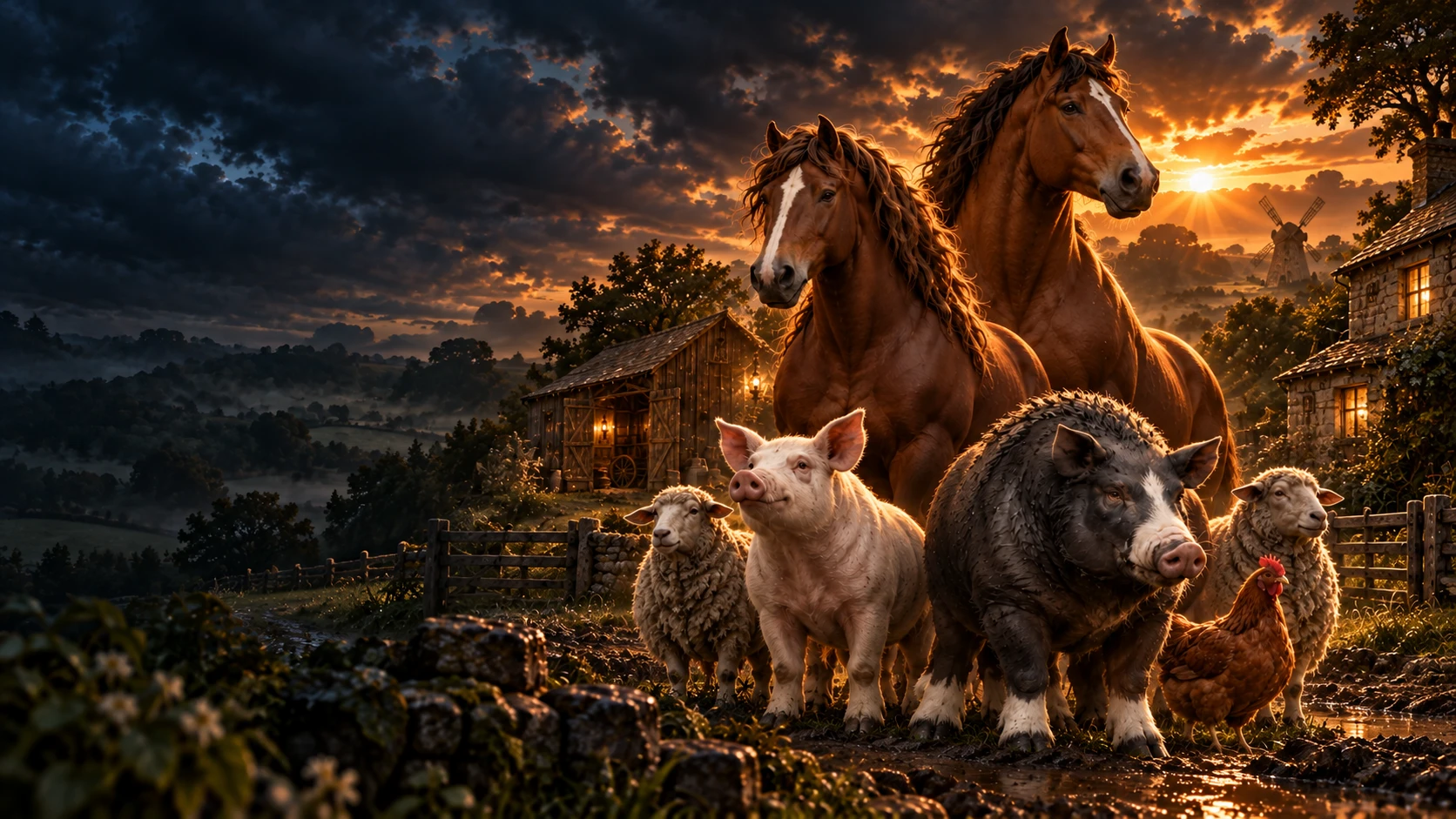 The animals of Animal Farm gathered beside the farmhouse at sunset