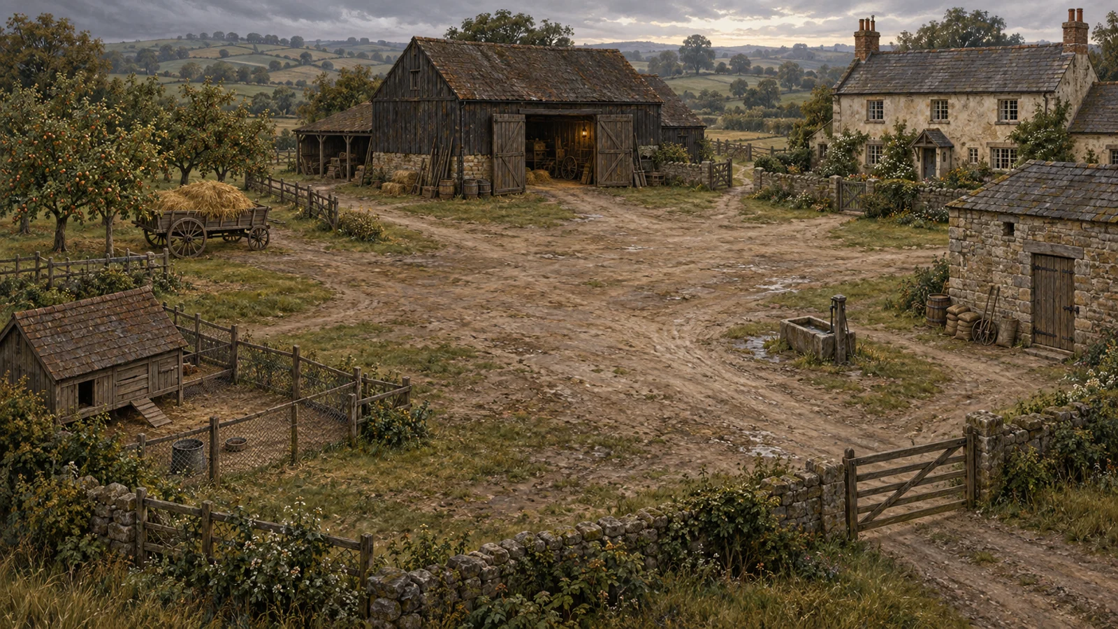 Fields, a windmill and farm buildings in the Animal Farm game