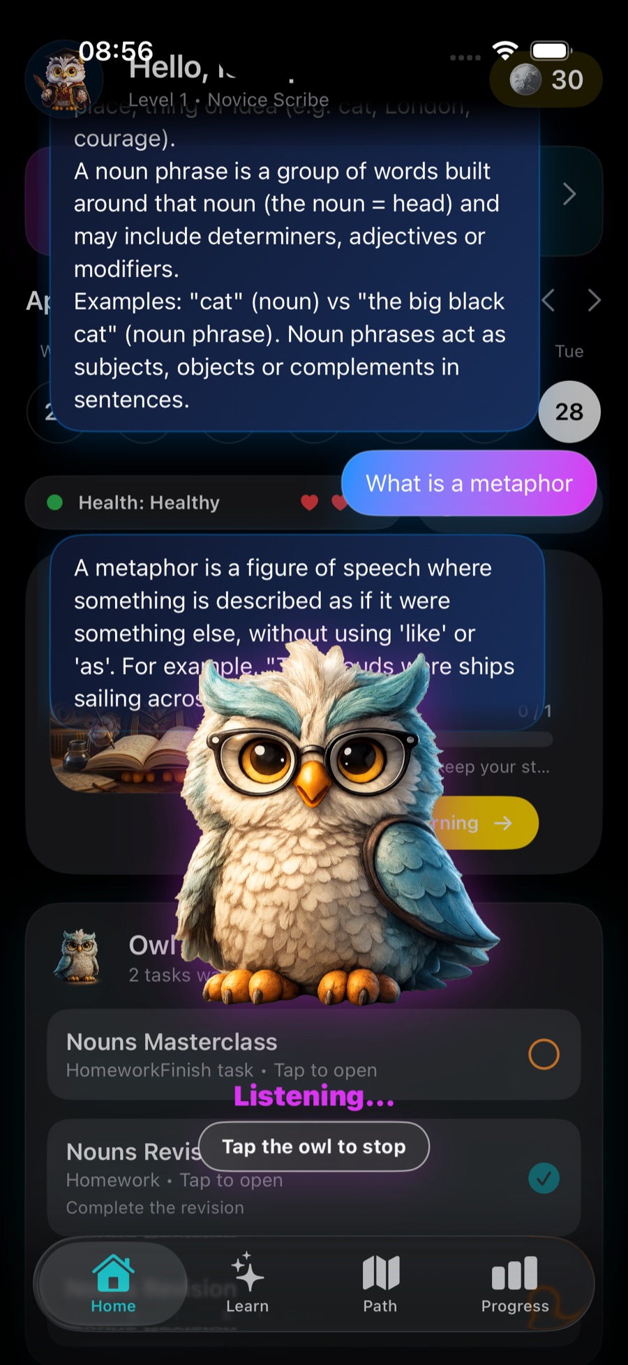 TopMarks AI tutor listening in the app