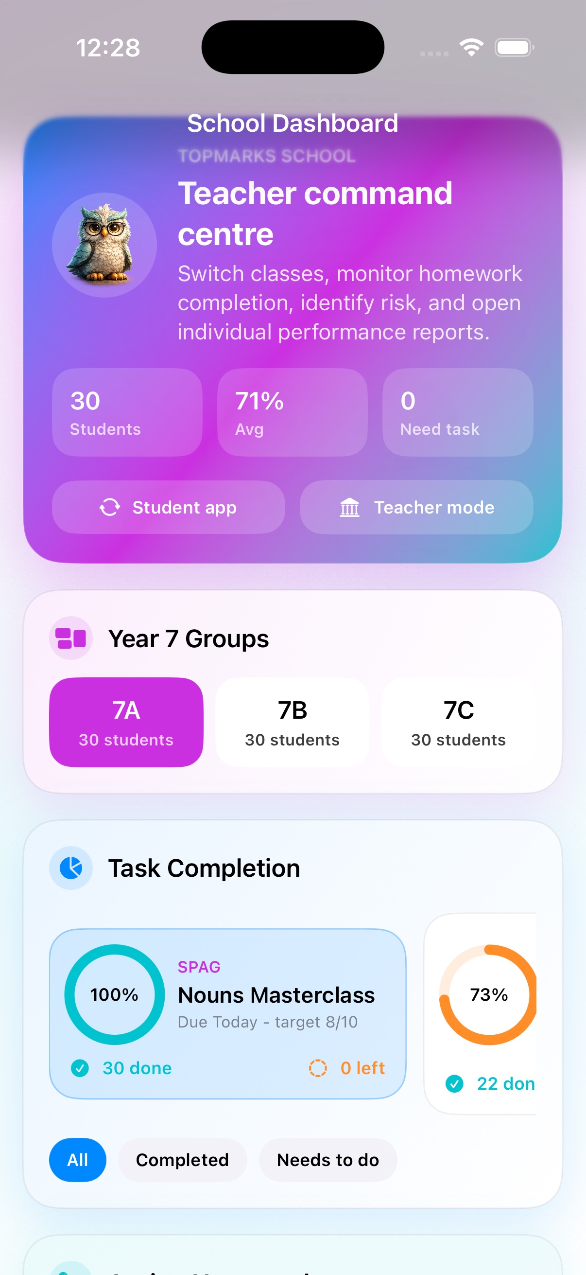 TopMarks school dashboard app screen